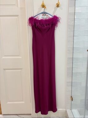 Strapless Feather-Trim Gown - Magenta